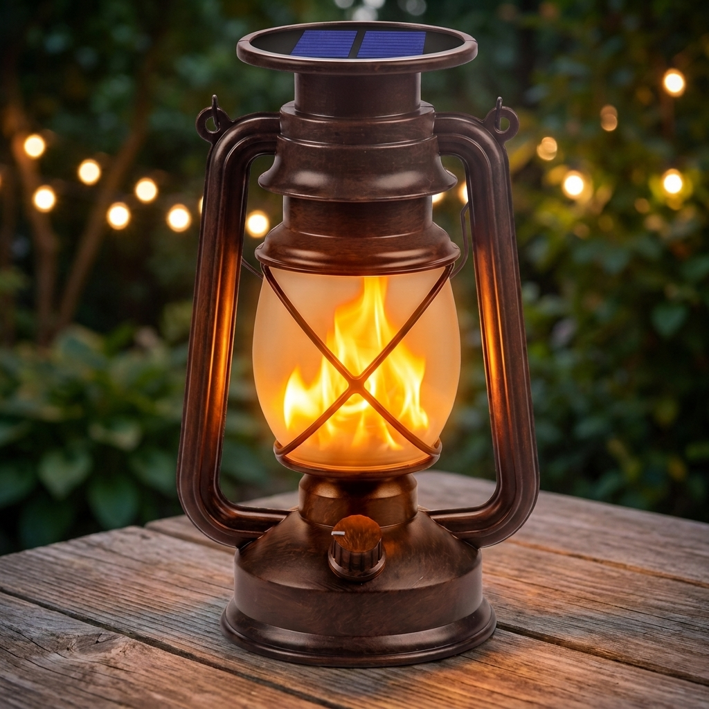 Nireza Solar Flame Lantern on a patio table at dusk